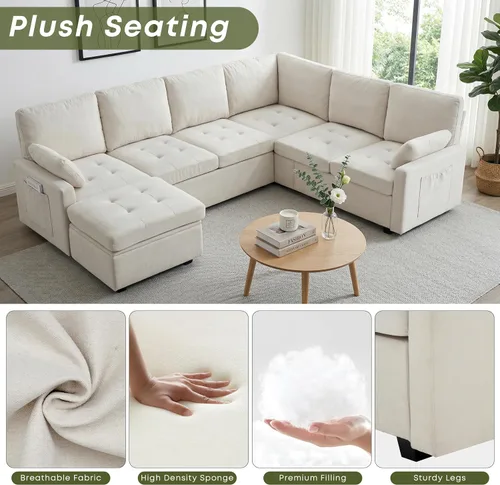 Vista 4 de Huatean Home Sofá extraíble de 105 pulgadas con almacenamiento, sofá cama, sofás modulares en forma de U de 7 asientos para sala de estar, sofá Beige