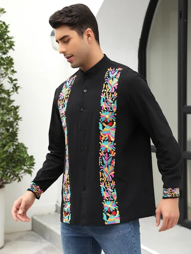 Vista 4 de Camisas mexicanas para hombre, camisa de manga larga bordada con botones y cuello mandarín