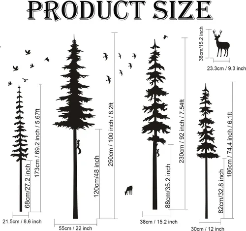 Vista 6 de Calcomanías de pared de pino, calcomanías de vinilo de bosque con calcomanías de pared de animales, ardillas y ciervos, decoración de guardería Negro