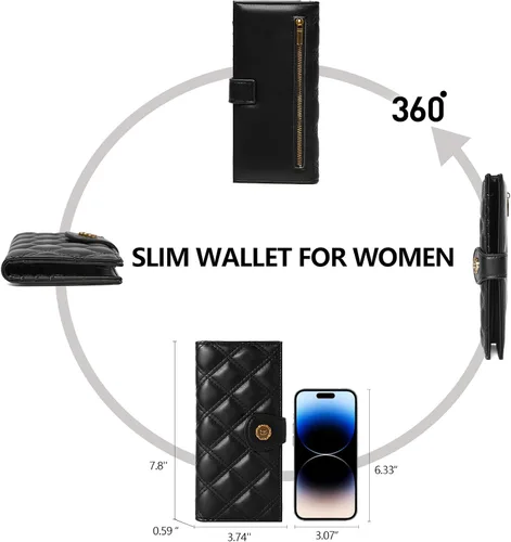 Vista 5 de cakang Billetera para mujer, compacta y delgada, plegable, con bloqueo RFID, de cuero, tarjetero con cremallera, 1-negro, Cartera delgada para mujer