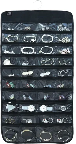Vista 15 de BB Brotrade Organizador colgante de joyas, organizador de accesorios, organizador de 80 bolsillos para guardar joyas (beige)