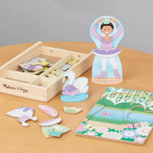 Vista 8 de Melissa & Doug Juego de muñeca de madera de doble cara y cisne de bailarina y hada magnética (52 piezas)