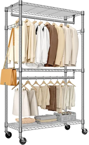 Vista 25 de M MZG Perchero resistente con ruedas de 3 niveles de alambre ajustable con 3 varillas y ganchos laterales, estante de ropa para armario, color Negro