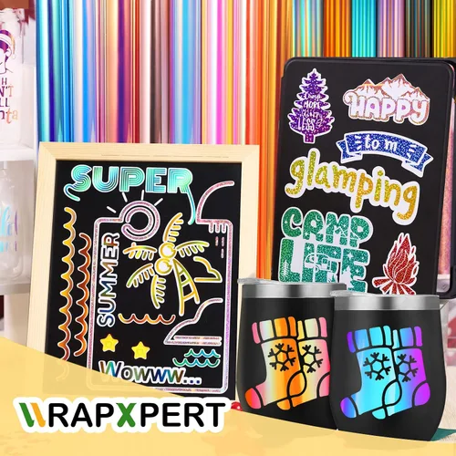 Vista 6 de WRAPXPERT Paquete de 35 hojas de adhesivo holográfico permanente, 24 hojas de vinilo de 12 x 12 pulgadas, 6 papel de transferencia de rejilla y 5
