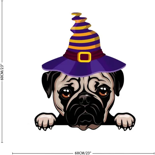 Vista 5 de Calcomanías de pared de Halloween con diseño de brujas, calcomanías de feliz Halloween, calcomanías de bienvenida para perro pug, decoración