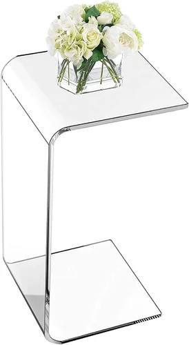 Vista 8 de Mesa auxiliar en forma de C de acrílico marrón, 25,6 EN C en forma de mesa auxiliar para sofá Mesa auxiliar acrílica multiusos en C, mesa auxiliar