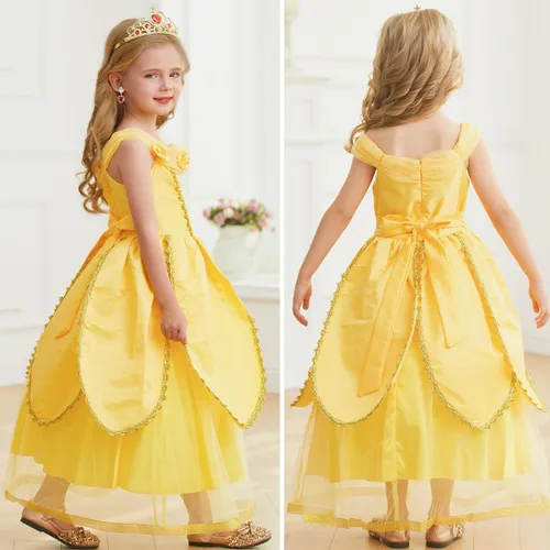 Vista 4 de iTVTi Disfraz de princesa Bella para niñas, vestidos amarillos, disfraz de Halloween, cosplay, cumpleaños, con accesorios