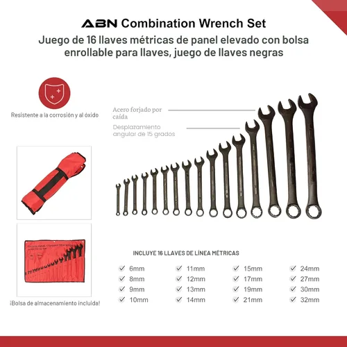Vista 2 de ABN Juego de llaves combinadas métricas y estándar - Juego de 32 llaves SAE y métricas con bolsa enrollable