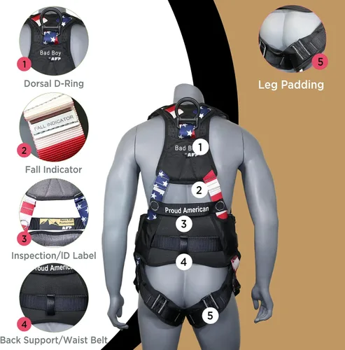 Vista 5 de AFP Arnés de seguridad de cuerpo completo de protección contra caídas Premium, cinturón de soporte de 8" de grosor, anillos en D de aluminio Bandera