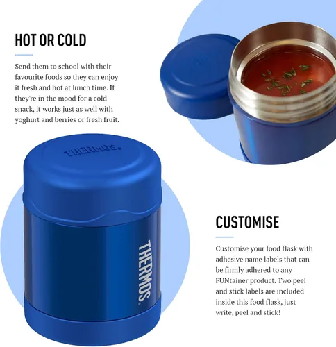 Vista 3 de Thermos - Blue Kids Food Flask (9.8 fl oz) - Sin BPA, acero inoxidable, a prueba de derrames, termo para lonchera, 5 horas de calor y 7 horas