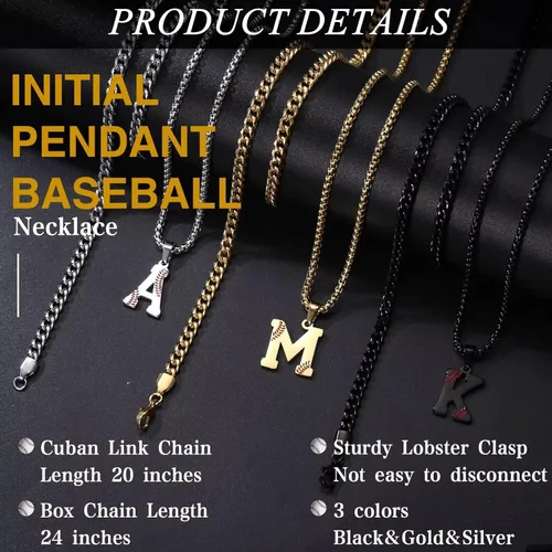 Vista 6 de STORUP Collares de béisbol para niños y hombres, de acero inoxidable en capas plateadas, doradas, negras, iniciales, collares de béisbol para niños