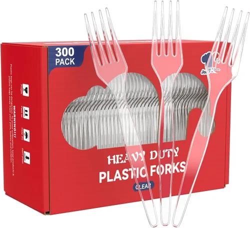 Vista 13 de JOLLY CHEF Juego de 300 cubiertos de plástico transparente, 100 tenedores, 100 cucharas, 100 cuchillos, juego de cubiertos de plástico desechables