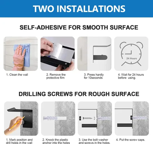 Vista 5 de Soporte de papel higiénico de pared con estante para teléfono, soporte de papel de almacenamiento, dispensador de papel adhesivo negro con estante