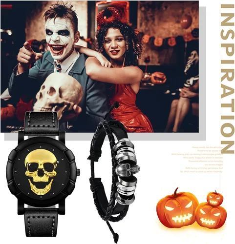 Vista 7 de Pulsera de reloj de cuero con calavera Reloj de pulsera gótico gótico para hombre Steampunk Goth para mujer