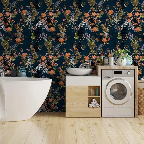 Vista 7 de VEELIKE Papel tapiz floral de prado azul medianoche para despegar y pegar, papel tapiz floral de flores silvestres, 17.7 x 118 pulgadas, papel