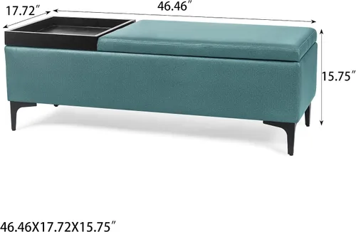 Vista 2 de Joveco Mesa auxiliar rectangular con bandeja elevadora, banco otomano de almacenamiento con patas de metal, banco tapizado en el extremo de la cama