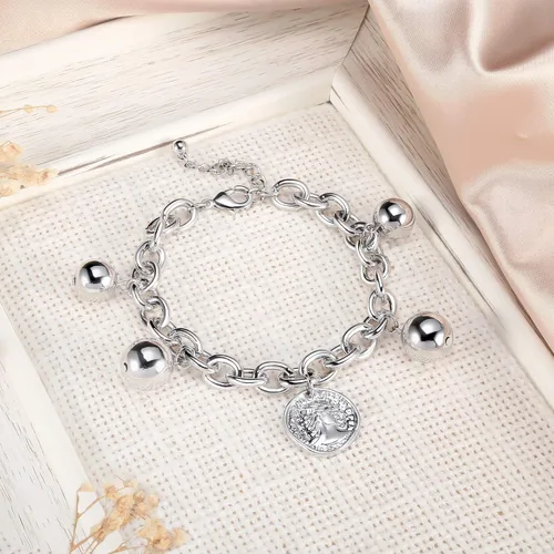 Vista 4 de Pulsera gruesa de oro para mujer chapado en oro de 14 quilates, con cierre de bola, moneda, medallón redondo, simple, moderno, apilable, a la moda