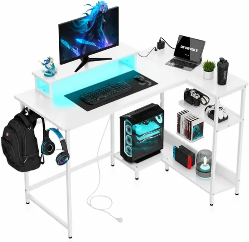 Vista 9 de DEVAISE Escritorio compacto para juegos en forma de L de 43 pulgadas con luces LED, marrón rústico