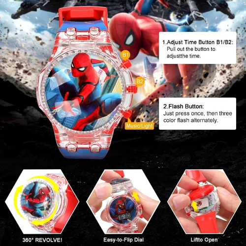Vista 4 de Tawekel Spider-Man - Reloj de música luminoso, esfera giratoria, reloj digital de dibujos animados, regalo de San Valentín para niños y niñas