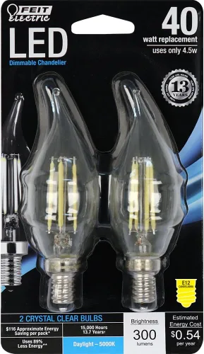 Vista 5 de Feit Electric BPCFF40/827/LED/2 Bombilla LED regulable, equivalente a 40 W, 120 voltios, 300 lúmenes, base de candelabro, 2700 K, CRI >80, blanco