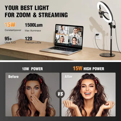 Vista 10 de Anillo de luz de escritorio de 10 pulgadas con soporte, iluminación de zoom con soporte para teléfono para computadora, videollamadas, conferencias