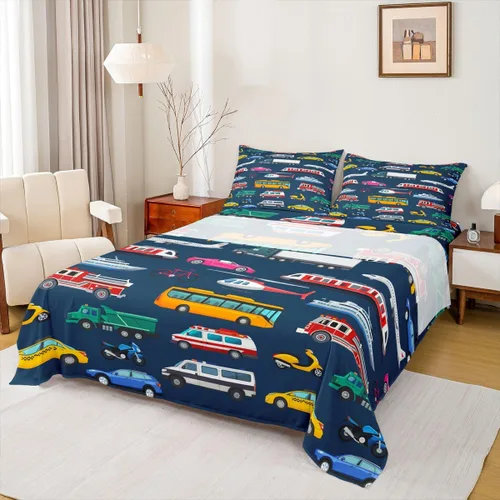 Vista 30 de Erosebridal Juego de sábanas de automóvil de dibujos animados para niños, juego de ropa de cama de camiones, tamaño individual, sábana bajera