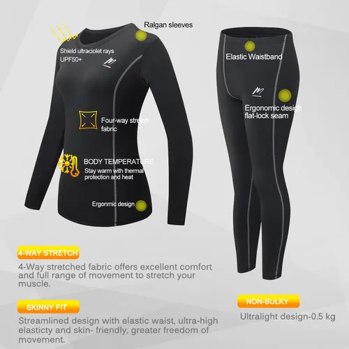 Vista 2 de Ropa interior térmica para mujer, conjunto de compresión de capa base cálida para invierno, forro polar, pantalones largos para correr y esquiar