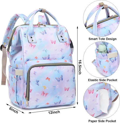 Vista 5 de Mochila para pañales de bebé con diseño de mariposa para niñas y niños, impermeable, grande, para mamá