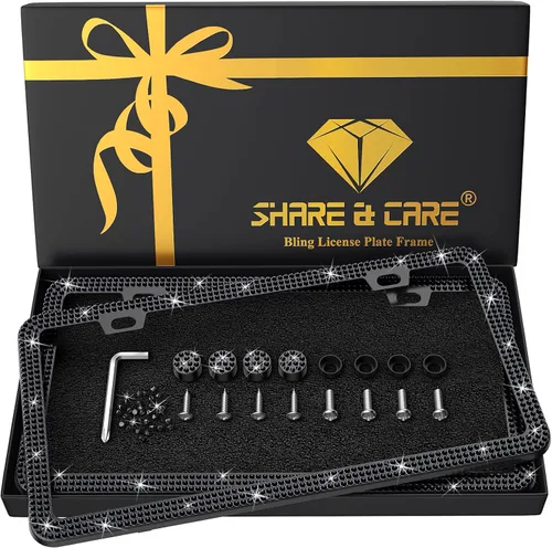 Vista 12 de SHARE&CARE Marco de matrícula brillante, cubierta de matrícula de cristal, soporte para placa de automóvil con diamantes de imitación de cristal AB