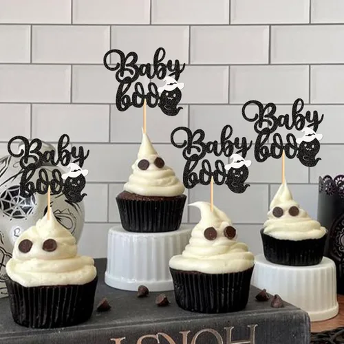 Vista 3 de 24 piezas de Halloween Baby Boo Cupcake Toppers Boo Ghost Cupcake Picks Baby Shower Halloween Boy Girl First Birthday Party Decoración Suministros