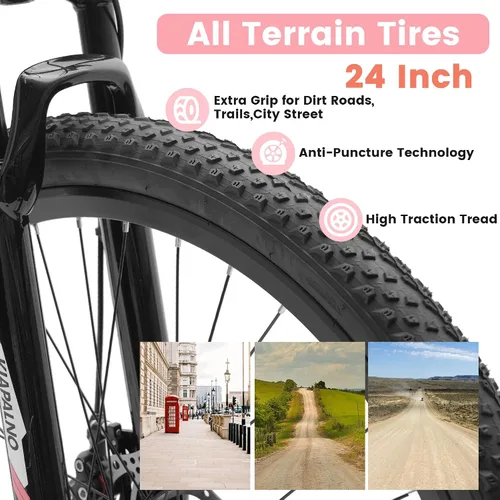 Vista 3 de Ecarpat 24/26 Inch Mountain Bike for Women Girls, 21-Speed Mountain Bicycle with Disc/V-Brakes and Front Fork Suspension, Carbon Steel Frame MTB Bike