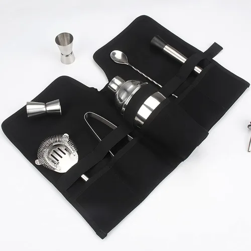 Vista 3 de Kit de viaje de barman de lona, correa de rollo profesional para camarero, juego de cóctel, herramientas de bar, bolsa de transporte (negro)