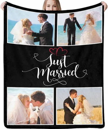 Vista 9 de Manta de fotos personalizada, manta de pareja de boda, con texto en inglés «He Asked And She Said Yes», 4 fotos, manta de boda, regalo romántico
