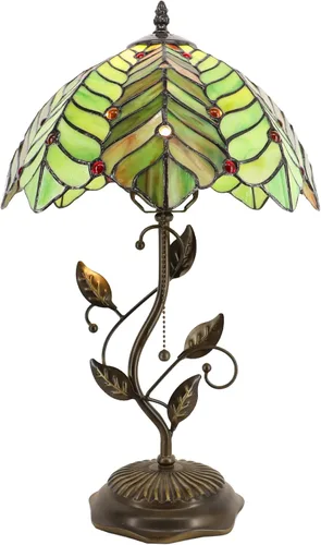 Vista 5 de Tiffany Table Lamp Stained Glass Bedside Reading Light W12H19 inch Brown Green Leaf Style Stained Glass Desk Light Pull Chain Switch Metal Leaf