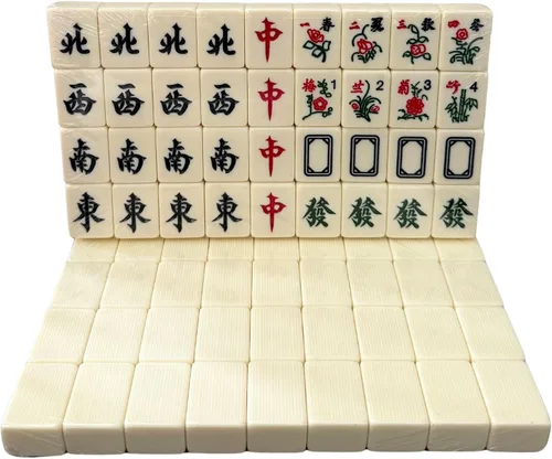 Vista 8 de THY COLLECTIBLES Juego de mahjong chino tradicional 144 + 2 azulejos de colores de repuesto (marfil)
