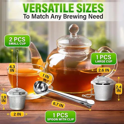 Vista 2 de Conjunto de 1 infusor de té grande, 2 infusores pequeños y cuchara con clip para bolsa - Infusor de acero inoxidable para té de hojas sueltas