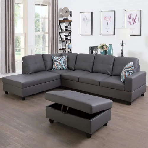 Vista 5 de Juego de sofá seccional de cuero para sala de estar, juego de 3 piezas con almacenamiento otomano negro para sala de estar/dormitorio/apartamento