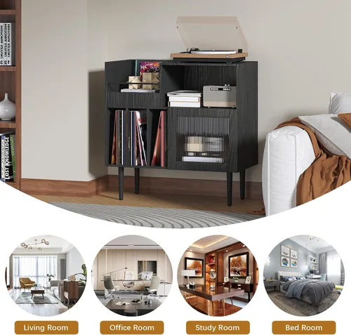 Vista 5 de HedoAjim Soporte grande para tocadiscos con almacenamiento de vinilo, soporte para tocadiscos con puerta acrílica, mesa auxiliar para tocadiscos