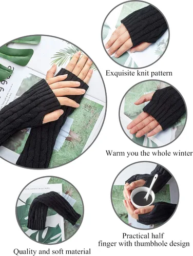 Vista 3 de 4 pares de guantes de punto calentadores de brazos de invierno largos sin dedos guantes con agujero para el pulgar guantes para mujeres y hombres
