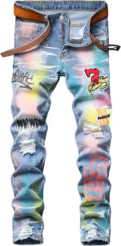 Vista 13 de Baylvn - Pantalones de mezclilla para hombre con diseño patchwork, ajustados y cómodos, estilo motociclista 3132 Camuflaje y azul