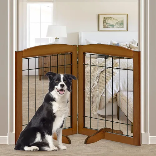Vista 25 de LZRS Puerta plegable independiente de madera para perros de 2 paneles, madera maciza y alambre de acero, barrera para mascotas resistente a