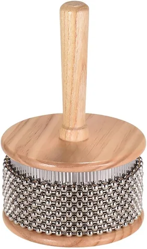Vista 2 de Heysland Cabasa de madera instrumento musical de percusión de metal con cuentas de cadena y cilindro Pop Hand Shaker para banda educación musical