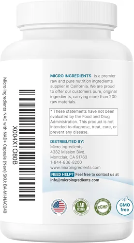 Vista 7 de Micro Ingredients NAC con NAD+, 240 cápsulas vegetarianas 1,200 mg por porción N-acetil-L-cisteína 2 en 1 con nicotinamida adenina dinucleótido