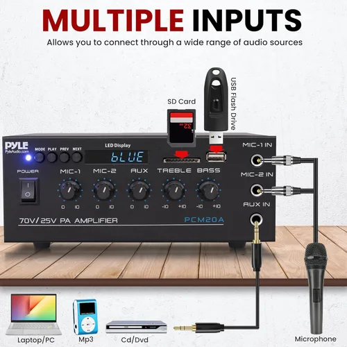 Vista 5 de Pyle Mini amplificador de potencia para el hogar compacto - Receptor estéreo de audio pequeño inteligente de 40 W con micrófono AUX 2 EN