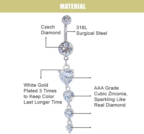 Vista 6 de Mutreso Anillo para ombligo con circonitas y corazón acero quirúrgico 14G piercing para ombligo