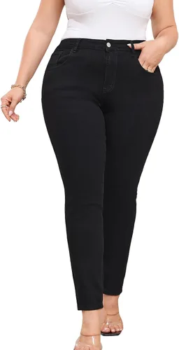 Vista 3 de KISSPLUS Pantalones de mezclilla ajustados de talla grande para mujer, cintura alta, lápiz de cintura alta, elásticos, pantalones de mezclilla