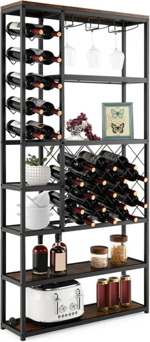 Vista 8 de Giantex Estante industrial para vino independiente, estante de almacenamiento de vino de metal para 27 botellas, estantes de almacenamiento de vino