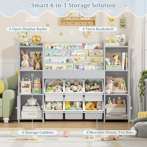 Vista 6 de FINETONES Organizador de almacenamiento de juguetes con 6 cubos de juguetes, organizador de juguetes para niños con 6 cubículos, organizadores
