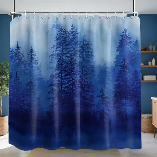 Vista 16 de Cortina de ducha estrecha para hombre, diseño de bosque negro y gris, para casa rodante, juego de decoración de baño, tela impermeable con ganchos