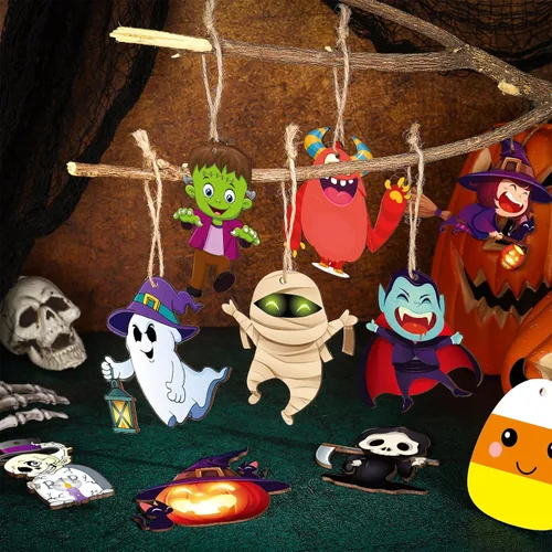 Vista 6 de Gerrii 40 adornos de Halloween de madera para decoración de árbol de Halloween, calabaza, fantasma, bruja, esqueleto, mini adornos colgantes